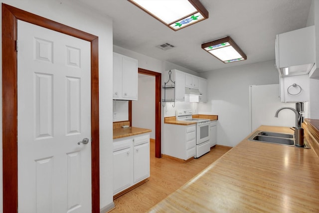 kitchen with white cabinetry, white range with electric cooktop, sink, and light hardwood / wood-style flooring