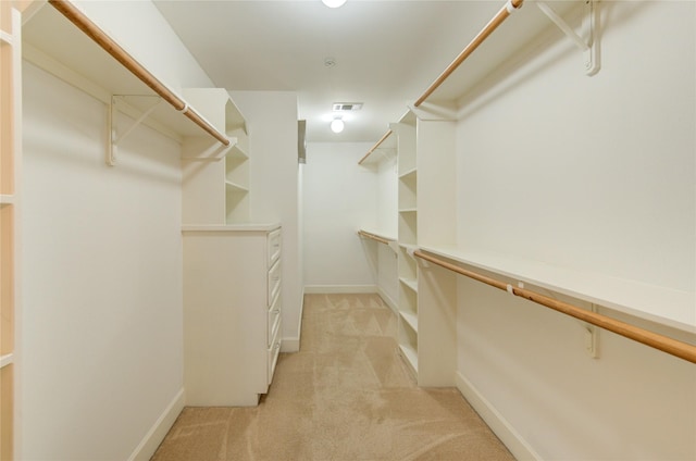 walk in closet featuring light colored carpet