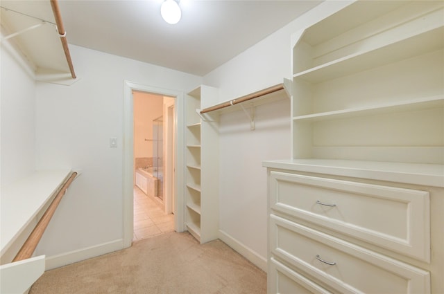 spacious closet featuring light carpet