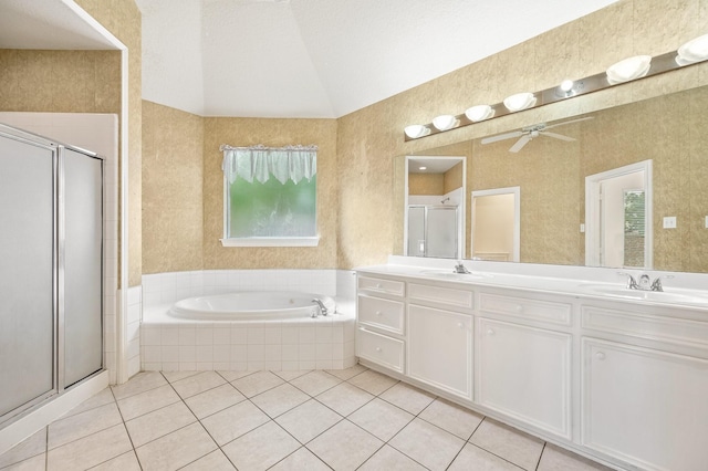 bathroom featuring vanity, tile patterned floors, plus walk in shower, and lofted ceiling