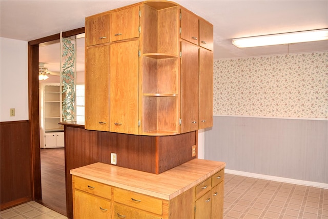 kitchen with ceiling fan and butcher block counters