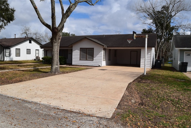 single story home featuring a front yard and central air condition unit