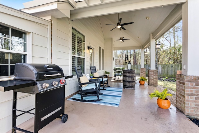 view of patio / terrace with ceiling fan and area for grilling