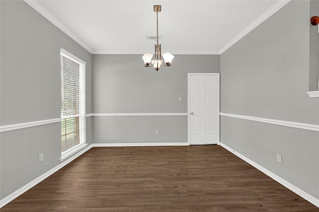 unfurnished dining area featuring ornamental molding, a notable chandelier, and dark hardwood / wood-style flooring