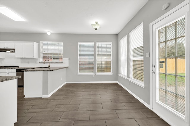 kitchen featuring dishwasher, sink, dark stone countertops, white cabinets, and kitchen peninsula