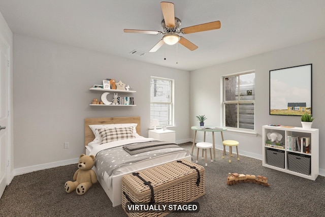 carpeted bedroom with ceiling fan