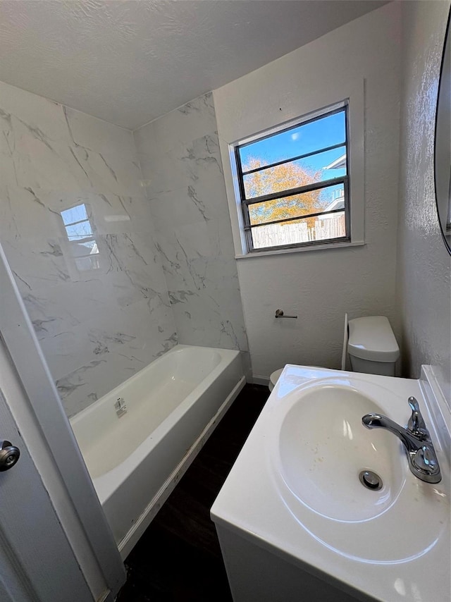 bathroom featuring vanity, wood-type flooring, a textured ceiling, and toilet