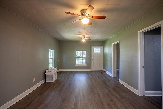 interior space featuring ceiling fan and dark hardwood / wood-style flooring