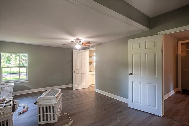 interior space with ceiling fan and dark hardwood / wood-style flooring