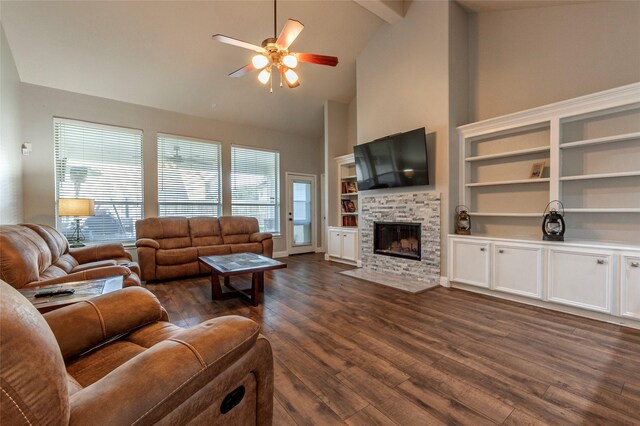 living room featuring beam ceiling, high vaulted ceiling, dark hardwood / wood-style floors, and ceiling fan