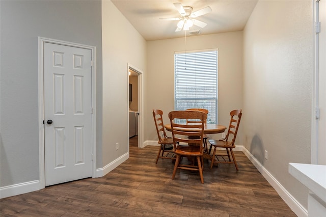 dining room featuring dark wood-type flooring and ceiling fan