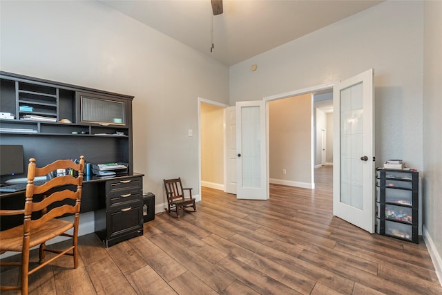 office space featuring french doors, ceiling fan, and hardwood / wood-style floors