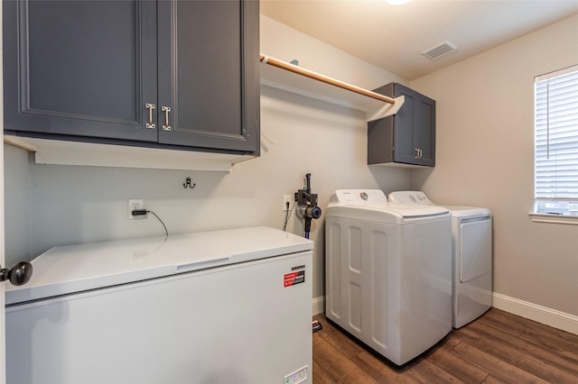 laundry area with cabinets, dark hardwood / wood-style floors, and independent washer and dryer