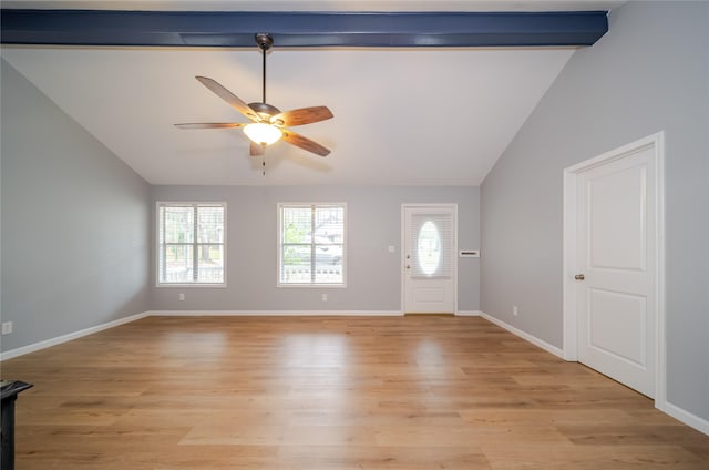 foyer with vaulted ceiling with beams, ceiling fan, and light hardwood / wood-style floors