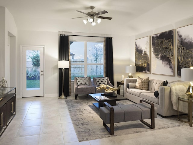 living room with light tile patterned floors and ceiling fan