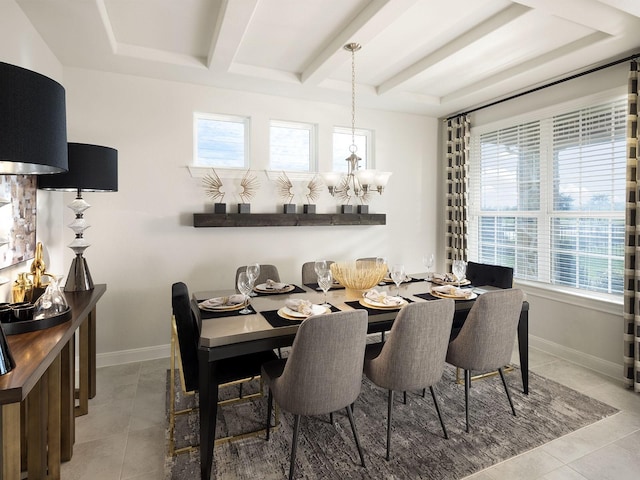 dining room with beamed ceiling, light tile patterned flooring, and a notable chandelier