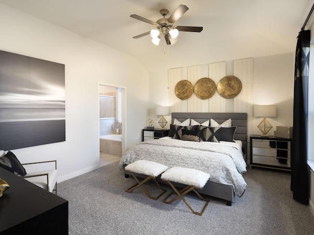 bedroom featuring ceiling fan, lofted ceiling, ensuite bathroom, and carpet floors