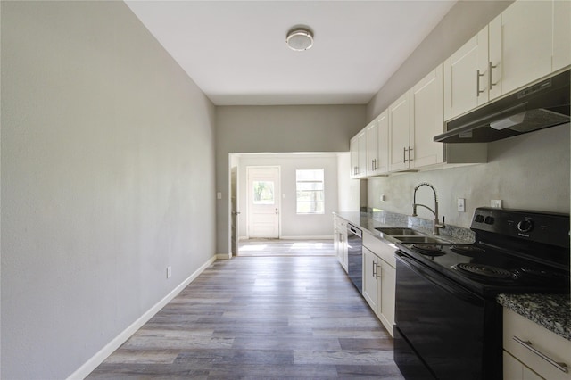 kitchen featuring electric range, stainless steel dishwasher, a sink, under cabinet range hood, and baseboards