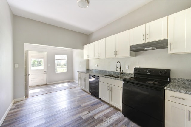 kitchen with light wood-style floors, a sink, dishwasher, under cabinet range hood, and black / electric stove