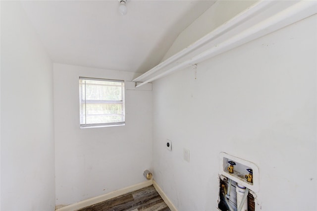 washroom with laundry area, baseboards, wood finished floors, hookup for a washing machine, and hookup for an electric dryer