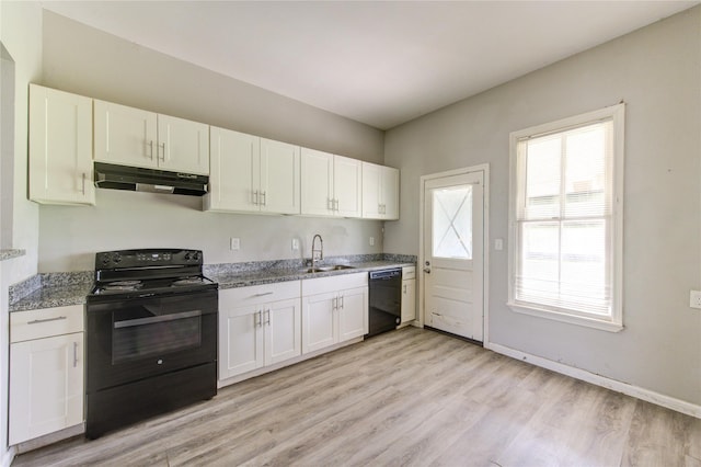 kitchen with white cabinetry, a sink, under cabinet range hood, and black appliances