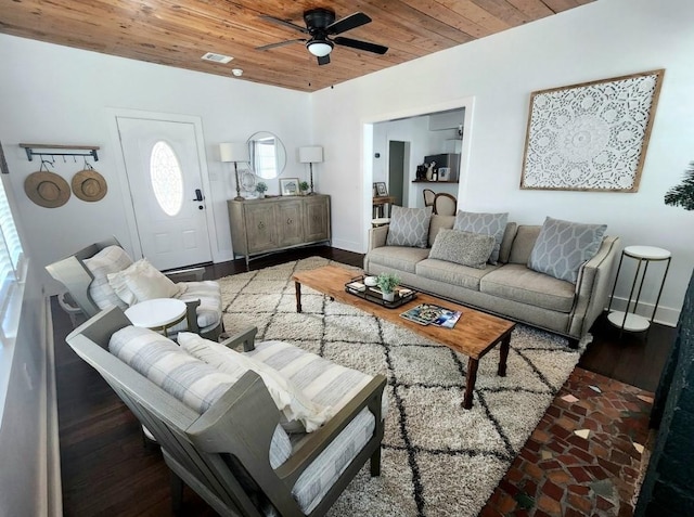 living room featuring wooden ceiling and ceiling fan