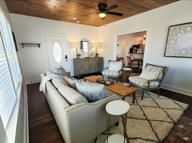 living room featuring wood ceiling, ceiling fan, and dark wood-type flooring