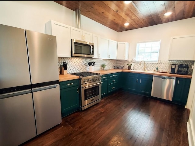 kitchen with stainless steel appliances, tasteful backsplash, wooden ceiling, and white cabinets