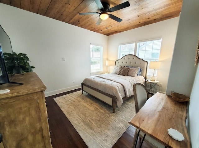 bedroom with ceiling fan, dark hardwood / wood-style flooring, multiple windows, and wooden ceiling