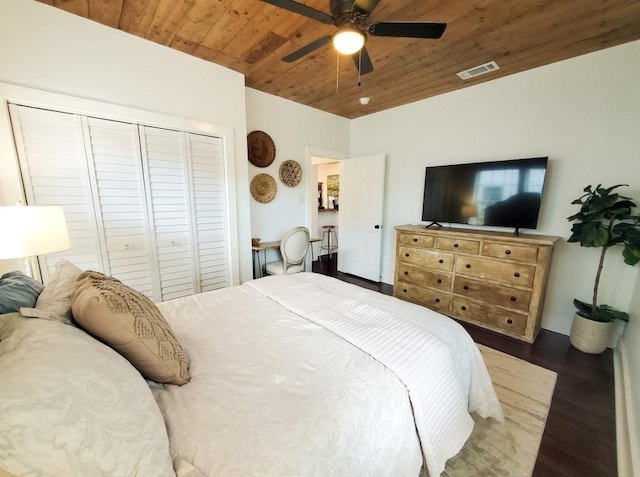 bedroom with ceiling fan, dark hardwood / wood-style flooring, a closet, and wooden ceiling