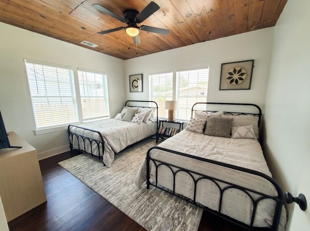 bedroom featuring wooden ceiling, dark hardwood / wood-style floors, and ceiling fan