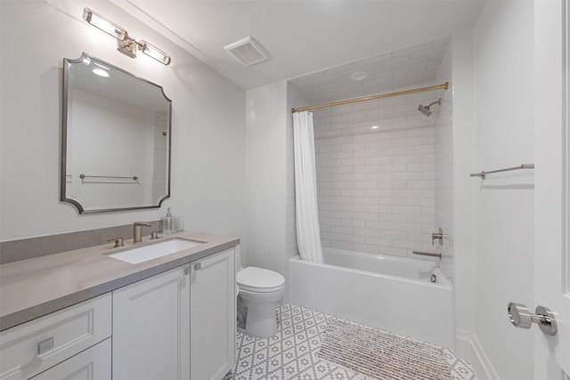 full bathroom featuring vanity, toilet, and shower / tub combo with curtain