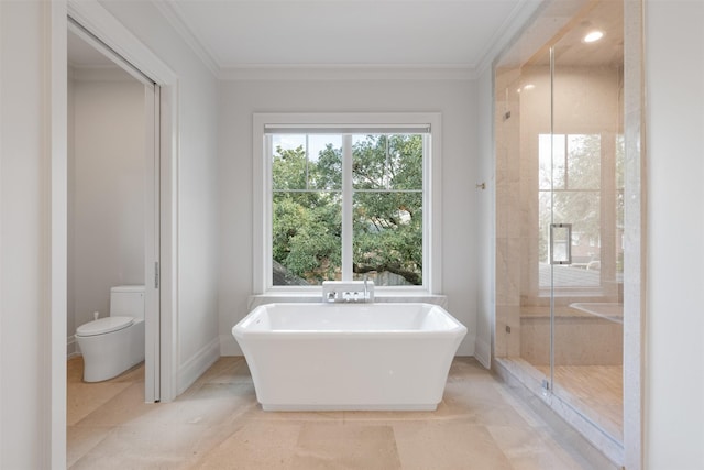 bathroom featuring crown molding, plus walk in shower, and toilet