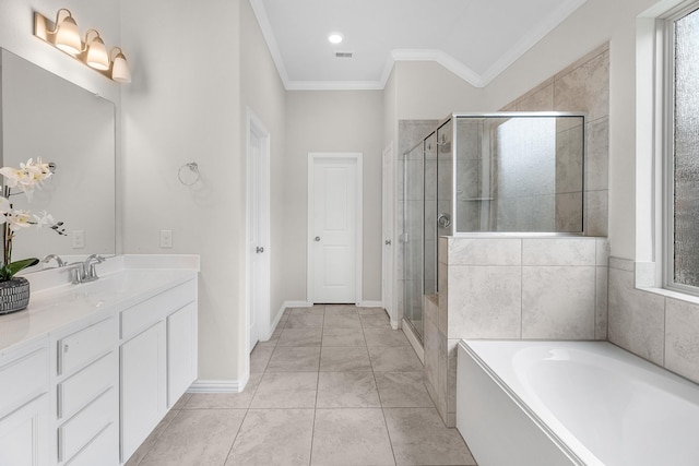 bathroom with crown molding, a healthy amount of sunlight, vanity, and plus walk in shower