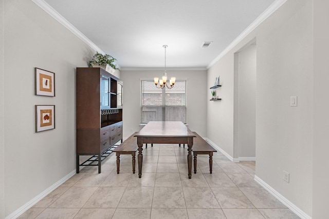 dining room with an inviting chandelier, light tile patterned floors, and ornamental molding