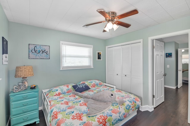 bedroom featuring dark hardwood / wood-style floors, ceiling fan, and a closet