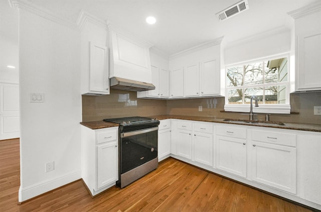 kitchen with white cabinetry, sink, stainless steel gas range, and light hardwood / wood-style flooring