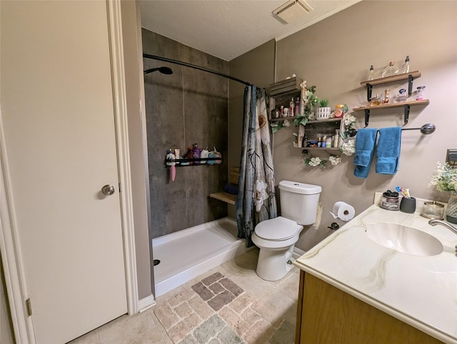 full bath with toilet, vanity, visible vents, and a shower stall