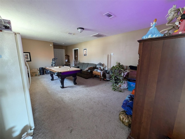 recreation room featuring carpet, pool table, and visible vents