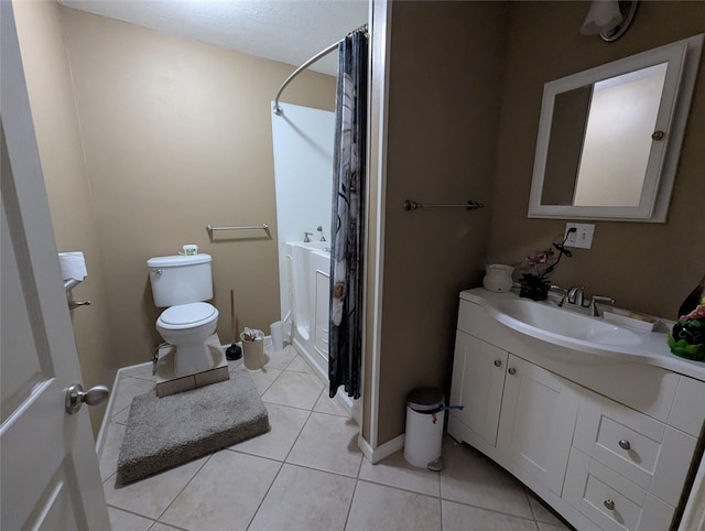 full bath featuring curtained shower, vanity, toilet, and tile patterned floors