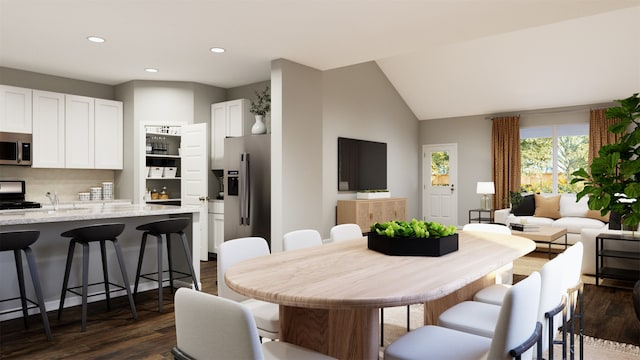 3606 Ohenry Dr, Montgomery, TX 77356 - dining room with dark wood-style floors, recessed lighting, and vaulted ceiling
