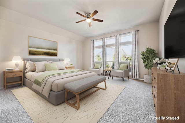 bedroom featuring light carpet, baseboards, and a ceiling fan