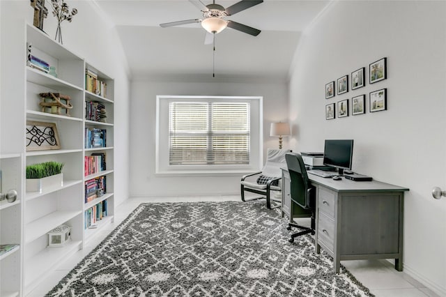 office space with lofted ceiling and ceiling fan