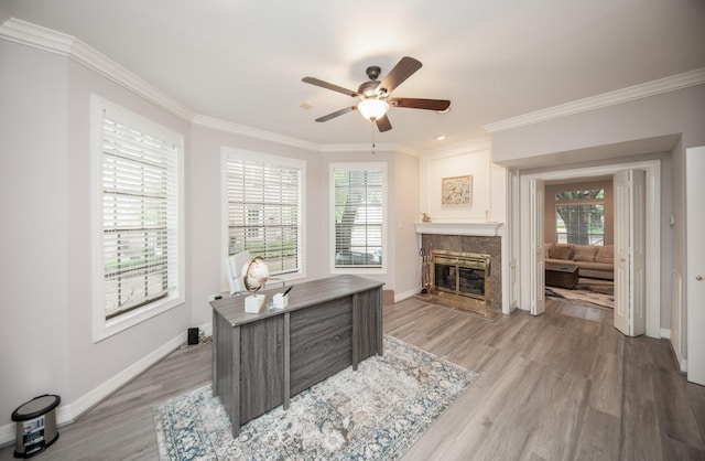 office featuring a fireplace, crown molding, a wealth of natural light, and light hardwood / wood-style floors