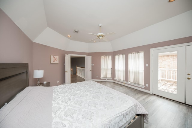 bedroom with vaulted ceiling, access to exterior, ceiling fan, and light hardwood / wood-style flooring