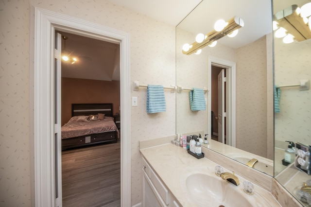 bathroom featuring vanity and hardwood / wood-style flooring