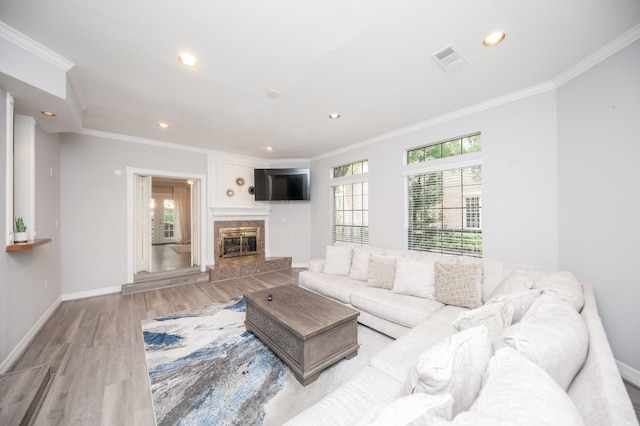 living room featuring crown molding, light hardwood / wood-style flooring, and a healthy amount of sunlight