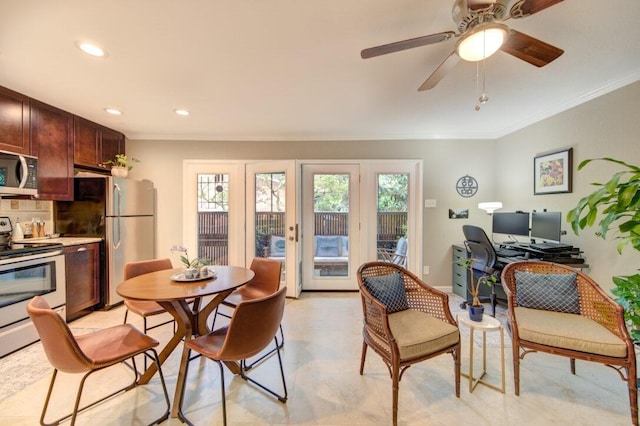 interior space with tasteful backsplash, crown molding, appliances with stainless steel finishes, and dark brown cabinetry