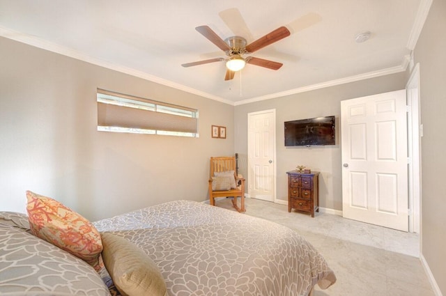 bedroom featuring ornamental molding and ceiling fan