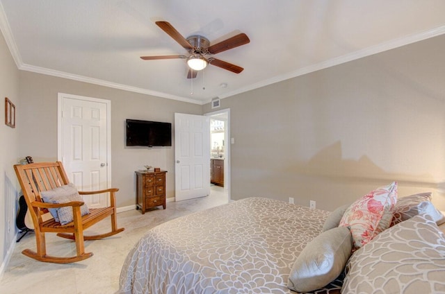 carpeted bedroom with crown molding and ceiling fan